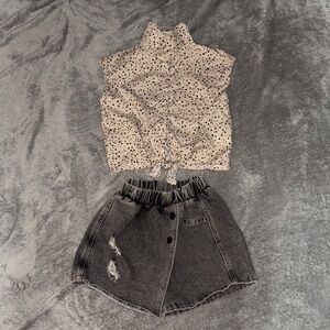 Polka Dot Top and Distressed Denim Skirt Set